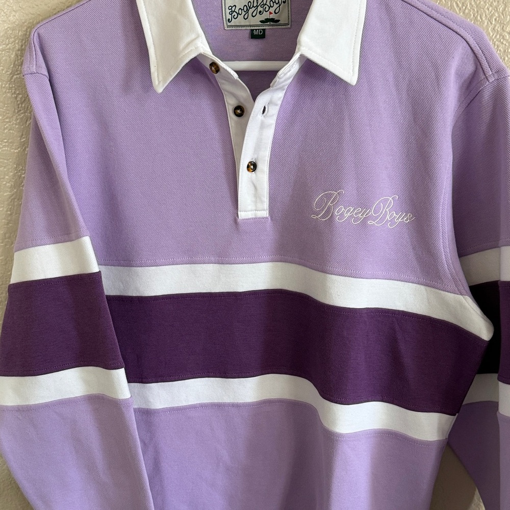 Bogey Boys Lavender Purple and White Men's Button-Down Rugby/Golf Shirt - Picture 5 of 10